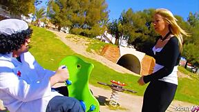 In this german carnival story, angelica joins a threesome with european teens 18+ in leggings and panties for rough group sex and facial.