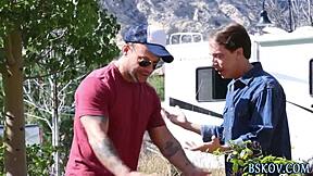 Brunette pornstar gives a blowjob and handjob backstage with cumshot 😏