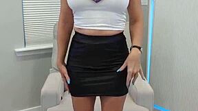 In this video, a petite wife with big tits and small waist tries on various heels, socks, and miniskirts.