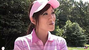 skinny japanese teen 18+ gives uncensored risky public blowjob to older guy at golf lesson