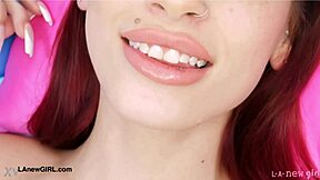 Red haired model shows off her sex body in casting on sofa!