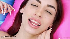 Red haired model shows off her sex body in casting on sofa!