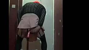 Amateur bisexual crossdresser fucks dildo on stick in stockings then sucks it clean ass to mouth