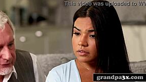 Kinky old dude teaches exotic stepgranddaughter casting couch mentality on sofa with petite pussy fucking