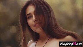 Petite Teen Katrine Pirs Strips and Poses Naked in Outdoor Pool