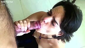 Curvy latina milf gives deepthroat blowjob with ball licking until cum fills her mouth in close-up pov