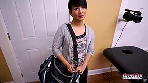 Skinny brunette hottie Jae Scott rides big cock in deep positions with cumshot and facial