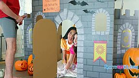 Teen Hoes In Halloween Costumes Teach Him About Boo Holes With FFM Threesome, POV Fingering, And Shaved Pussy Masturbation In Cute Cosplay Game.