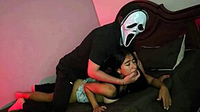 Hey, it's trick or treat time on Halloween with my hot stepsister in that cool ghostface costume