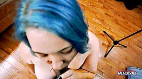 blue haired busty cutie dixie sucks a cock and gets her wet pussy fucked