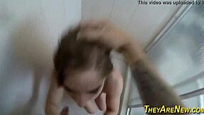 showering babe licks balls and deepthroats big cock in pov. she gets facial cumshot after hardcore sucking.