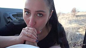 black lynn sucks cock in a car at sunset with cum in mouth swallow and pov handjob from girlfriend