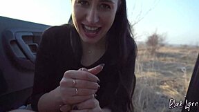 black lynn sucks cock in a car at sunset with cum in mouth swallow and pov handjob from girlfriend