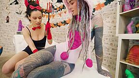 hey, check out anuskatzz and stacy bloom going wild with atm lesbian licking and big dildo in halloween play 😈🍑