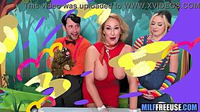 Blonde Milf and Teen 18+ Engage in Deepthroat Blowjob and FFM Group Fucking on Sesame Street Movie Set