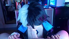 pervy roommate sees my luna snow cosplay and gets dominated with oiled riding and creampie