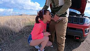 i was frozen in the car while this brunette milf gave deepthroat blowjob and got facial cumshot