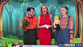 Blonde Milf and Teen 18+ Engage in Deepthroat Blowjob and FFM Group Fucking on Sesame Street Movie Set