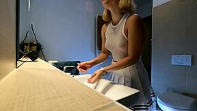 super hot petite 18+ blonde cheerleader in short miniskirt flashes tits and shaved pussy