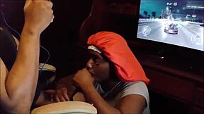 Playing NFS while getting blowjob until she swallows every drop with cum in mouth 😈💦