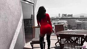 Tanned Latina Model With Perfect Fit Body And Long Nipples At Risky No Condom Fuck With Old Tourist On Balcony