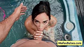 Beautiful brunette babe seduces her friend with her nice round boobs and suck his huge dick - Gaby Ortega Jmac... oops, I meant deepthroat that monster cock hard.