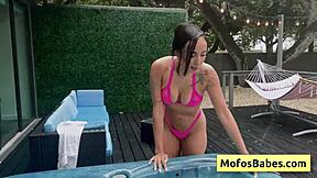 Beautiful brunette babe seduces her friend with her nice round boobs and suck his huge dick - Gaby Ortega Jmac... oops, I meant deepthroat that monster cock hard.