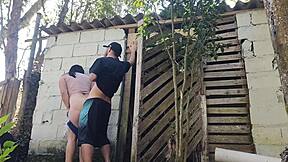 Brazilian housewife in jeans tempts the builder with her curvy ass for rough bareback sex and dirty talk outdoors.