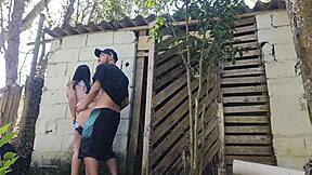 Brazilian housewife in jeans tempts the builder with her curvy ass for rough bareback sex and dirty talk outdoors.