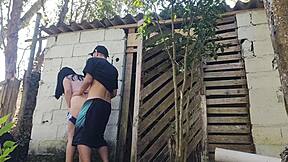 Brazilian housewife in jeans tempts the builder with her curvy ass for rough bareback sex and dirty talk outdoors.