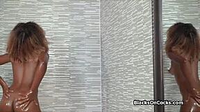 super oily ebony teen takes a massive dick from behind in her first casting session