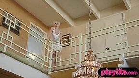 Petite blonde babe flaunts her slender naked body and juicy boobs in a softcore solo display.