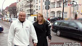 German street casting features real couple trying first-time public outdoor encounter with chubby teen girlfriend