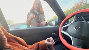 Public dick flash in car leads to stranger girl catching guy jerking off. She shows boobs and helps him in outdoor homemade action.