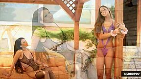 Hot lesbian seduction unfolds by the swimming pool as amirah adara and leila smith tease with ass licking and dildo play in european 4k teaser