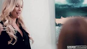 So this blonde teen gets fingered by her stepmom's boss in a hot lesbian scene