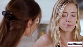 Blonde busty milf licks and rims small tits teen stepdaughter's ass in lesbian muff diving session