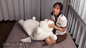 look at this chained up cutie using dildo and vibrator to make her shaved pussy cum hard