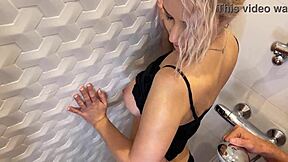 Intense double blowjob from curvy big tits blonde and brunette teens before wet lingerie pajama photoshoot in POV