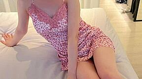 skinny asian brunette college girl in flower print camisole one piece shows feet and legs solo