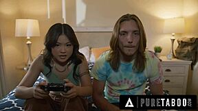 Pure taboo hot Asian stepsis Lulu Chu taunts pervy stepbro during sex with stepmoms nudes in domination and deepthroat action.