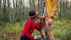 amateur couple enjoys anal creampie sex with blowjob and cum dripping in autumn forest
