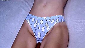 Stepsister teases with panties after cumshot. She begs for entry into her tight young pussy eagerly.
