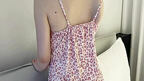 skinny asian brunette college girl in flower print camisole one piece shows feet and legs solo