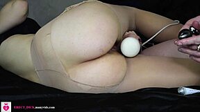 Anal toys and vibrator fill 18 year old shaved ass in pantyhose