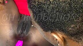 In this amateur scene, a guy makes a chocolate teen squirt hard with toys and licking until her pussy drips juice.