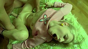 Can you handle fucking the shaved pussy of this blonde teen in fishnets and lingerie on the bed?