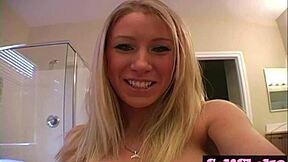 Allie shows off her huge blonde tits in closeup shower scene with nipple licking action.
