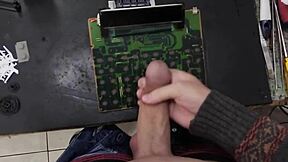 skinny young guy cums hard on machine at work with huge monster cock moaning loud