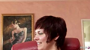 Petite redhead teen 18+ with short hair and small tits chats about her first porn casting before rough sex with older guy